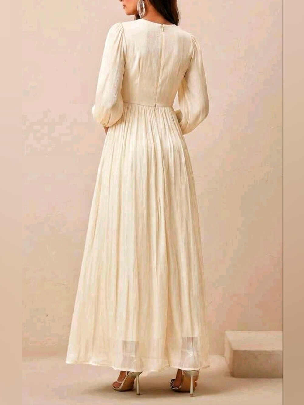 New Luxe Metallic Crinkle Ruched Waist Flared Maxi Dress Ivory Cream - Picture 4 of 10